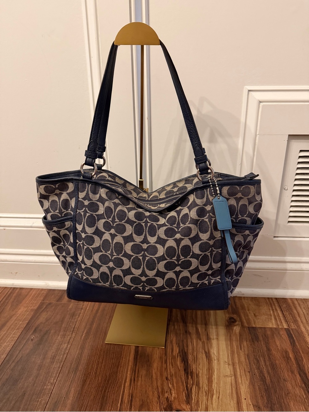 Coach Signature Denim Pattern Tote Bag in Navy and Gray